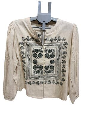 Solitaire Cream Cotton Blouse with Dark Green Floral Embroidery